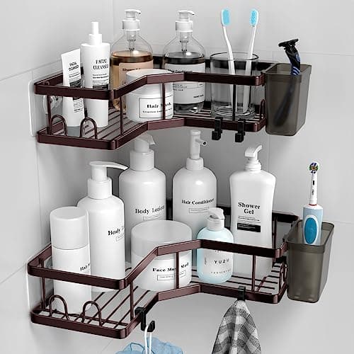 Stainless Steel Adhesive Corner Shower Caddy, 2 Pack, Hooks & Toothpaste Holder