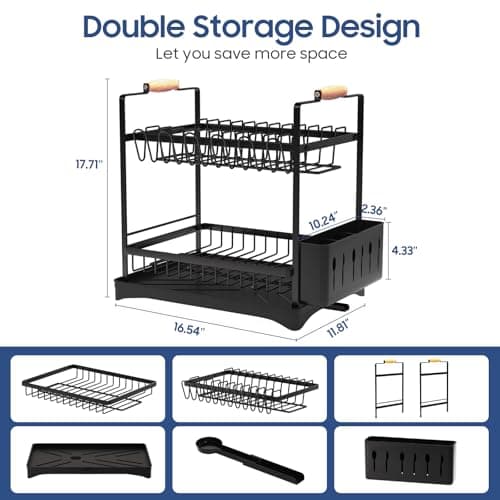 Black 2-Tier Kitchen Drying Rack with Drainboard and Cutlery Holder