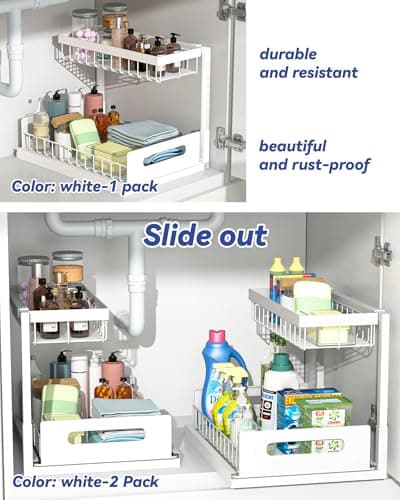 2 Pack Metal Under Sink Organizers with Sliding Drawer, White, Kitchen & Bathroom Storage