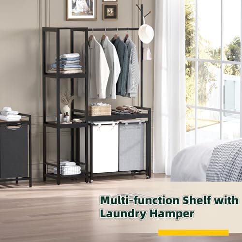 2-Section Laundry Hamper with Shelf & Sorter, 12.4 Gal Removable Bags, Black JLH004B