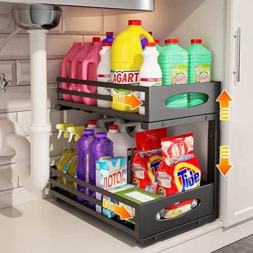 Sink Cabinet Organizers 2 Pack, Pull Out Steel Shelves for Kitchen Bathroom Storage (Black)