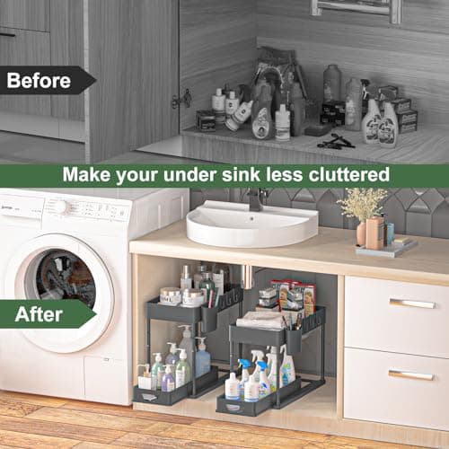2 Pack HI NINGER Adjustable Height Under Sink Organizers with 8 Hooks & Hanging Cups