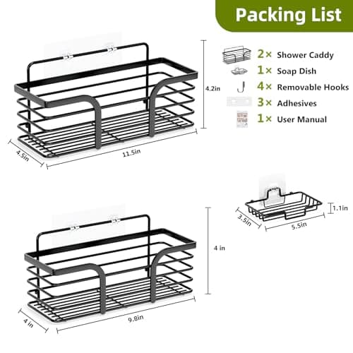 Rustproof Stainless Steel Shower Organizer, Soap Dish & 4 Hooks, Adhesive Mount No Drill Shelf Basket Accessories