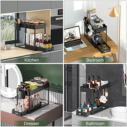 2 Pack HI NINGER Adjustable Height Under Sink Organizers with 8 Hooks & Hanging Cups
