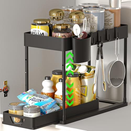 2 Pack HI NINGER Adjustable Height Under Sink Organizers with 8 Hooks & Hanging Cups