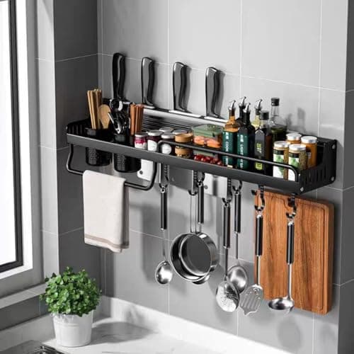 Stainless Steel Wall Mount Spice Rack with Hooks, 23.7in Seasoning Jar Organizer (Black)