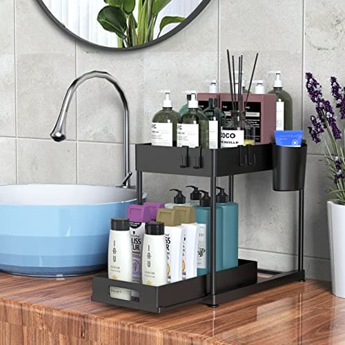 2-Pack Heavy-Duty Under Sink Organizers with Sliding Drawers for Kitchen and Bathroom - Black (12 x 8.7 x 15.7 inches)