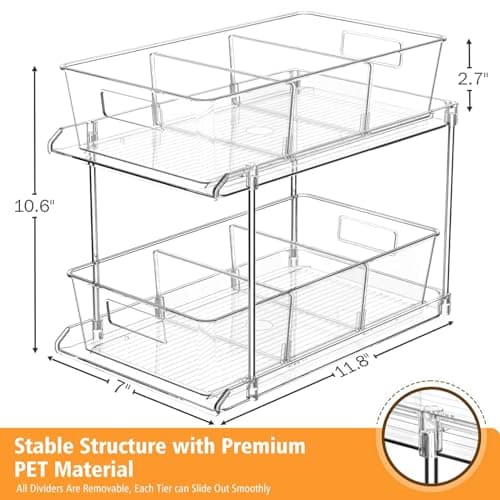 2 Pack Clear 2 Tier Bathroom Organizer with Dividers for Vanity, Kitchen, Closet Storage