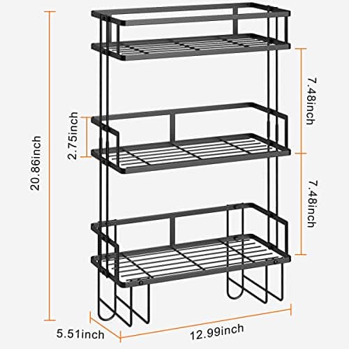 3-Tier Over-The-Toilet Storage Shelf with Hooks - Punch-Free Bathroom Organizer, Black
