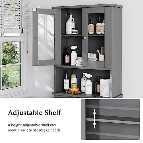Meilocar Grey Over Toilet Storage Cabinet with Glass Doors