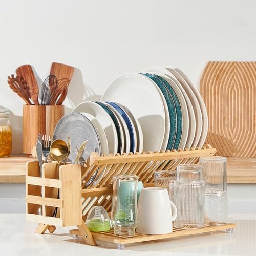 Bamboo Collapsible 3-Tier Dish Drying Rack with Holder