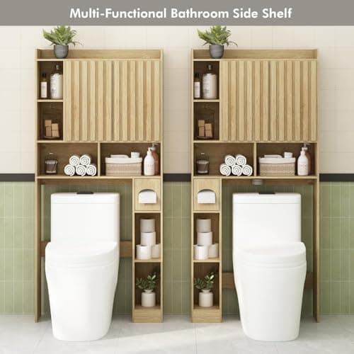 RUSTOWN Large Over-Toilet Storage Cabinet, Fluted Doors, Adjustable Shelf & Paper Holder, Natural Wood