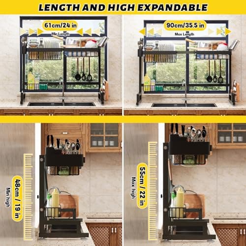Expandable Over-Sink Dish Drying Rack - Snap-On Design, 24" - 35.5" L x 12" W x 19" - 22" H