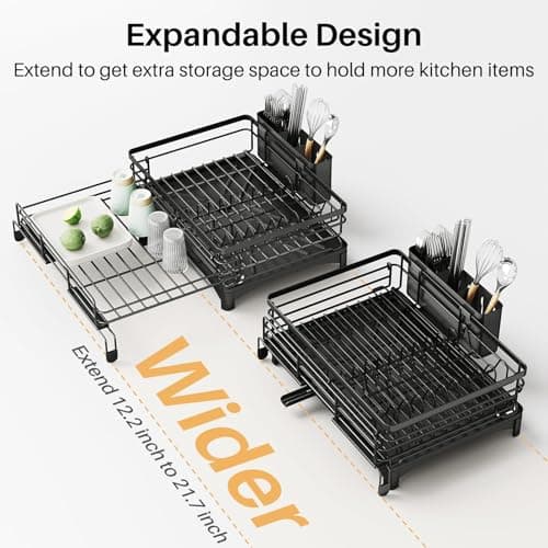 Extendable Stainless Steel Dish Drying Rack with Utensil Holder for Kitchen Counter (Black)