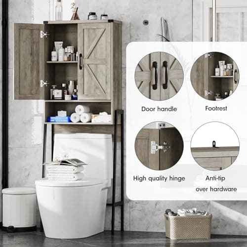Over-the-Toilet Storage Cabinet with Anti-Tip Shelves, Grey