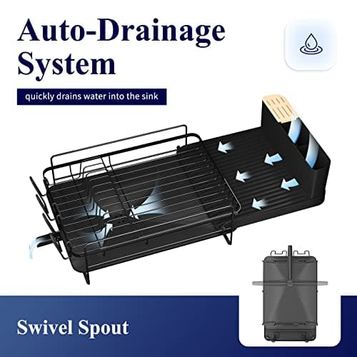 Kitsure Extendable Large Dish Drying Rack with Cutlery and Cup Holders - Anti-Rust Kitchen Organizer