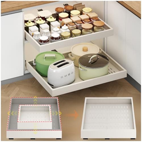 Expandable 2PC Cabinet Organizer, White, Adhesive Sliding Drawers, 14"-21" W, 17"-24" D