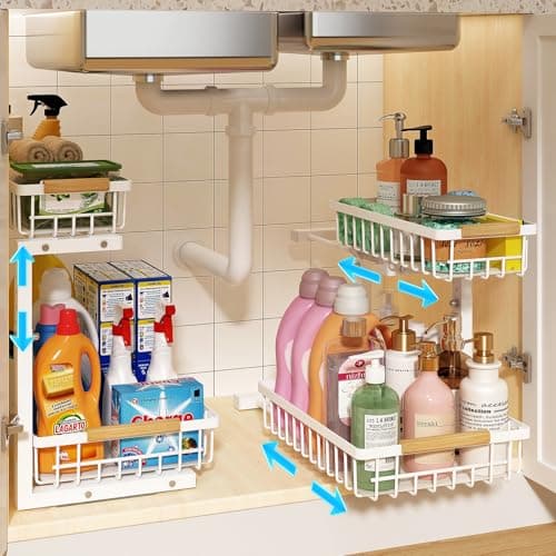 REALINN Adjustable Under Sink Storage, 2-Tier White Drawer Cabinet for Kitchen & Bathroom