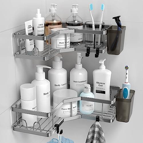 Stainless Steel Adhesive Corner Shower Caddy, 2 Pack, Hooks & Toothpaste Holder