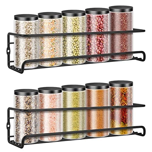 Black Wall Mounted Spice Rack, Hanging Organizer for Kitchen Storage (2pcs)