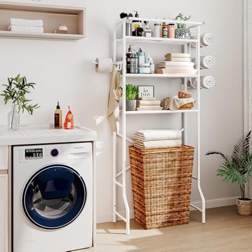 White Metal 3 Tier Bathroom Organizer Shelf with Paper Holder Easy to Install Space Saving