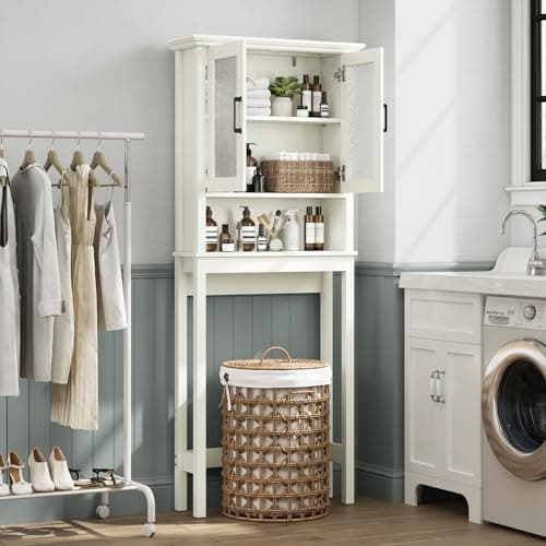 Thick Frame Over Toilet Storage Cabinet with Doors, Cream White