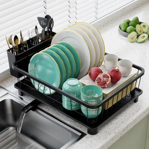 Space-Saving Dish Drying Rack with Drainboard and Removable Utensil Holder - Gray