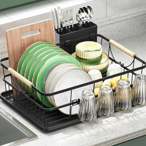 Black High-Sided Dish Drying Rack with Utensil Holder for Kitchen Counter
