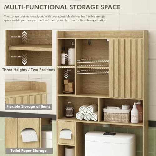 RUSTOWN Large Over-Toilet Storage Cabinet, Fluted Doors, Adjustable Shelf & Paper Holder, Natural Wood