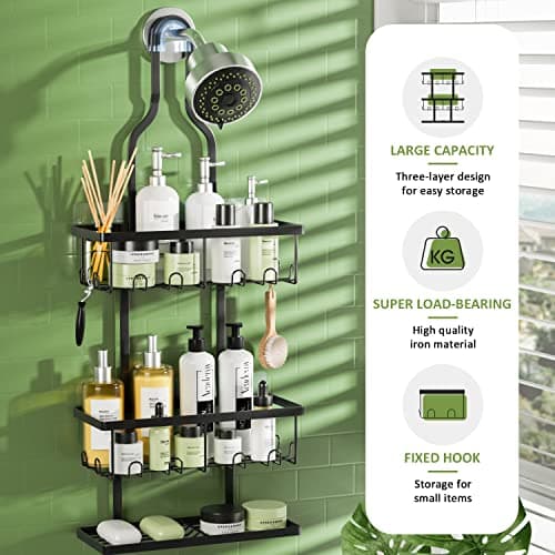 AHNR Black Shower Caddy Hanging, Over Showerhead Organizer with Hooks