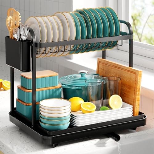 Stainless Steel 2-Tier Dish Drying Rack with Drainboard and Cutlery Holder for Kitchen Counter - Large, Black