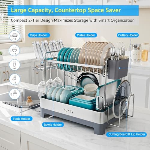 SUNLY Large 2-Tier Dish Drying Rack, 304 Stainless, Kitchen Counter Drain Board