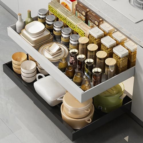Expandable Pull-Out Cabinet Organizer, 12.6"-20.5" Deep, White Kitchen Pantry & Bathroom Storage