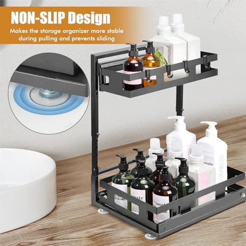 LBTING 2 Tier L-Shaped Metal Under Sink Organizer with Drawer - Black