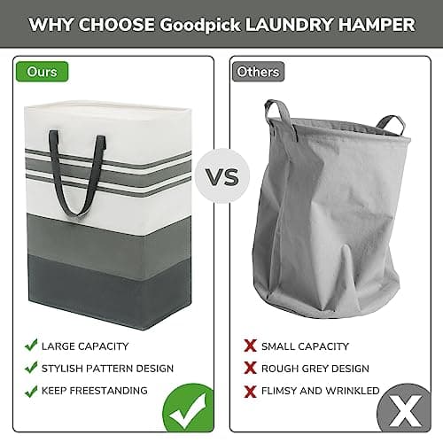 Goodpick 3-Pack 75L Collapsible Laundry Baskets, Large Grey Hampers for Dorm and Home