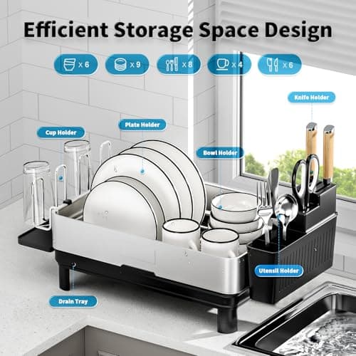 304 Stainless Steel Dish Drying Rack, Black, Kitchen Organizer with Drainage & Utensil Holder