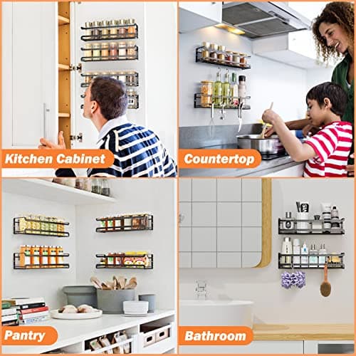 Wall-Mounted Spice Rack Organizer - 4 Pack for Kitchen Cabinets and Pantry Doors