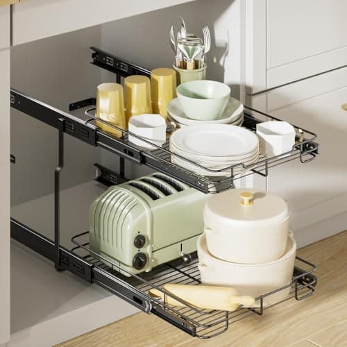 Delamu 2-Tier Pull Out Shelf for Kitchen Cabinet, Pantry, Bathroom (14" W x 21" D)