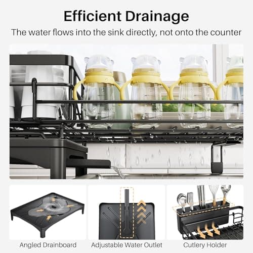 Extendable Stainless Steel Dish Drying Rack with Utensil Holder for Kitchen Counter (Black)