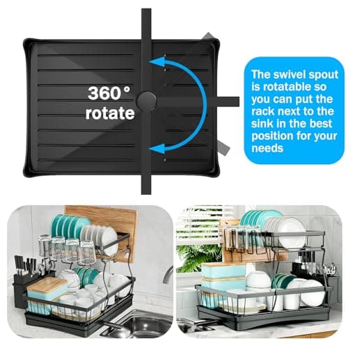 Large Dish Drying Rack for Kitchen Counter with Utensil Holder, 2-Tier Organizer in Black