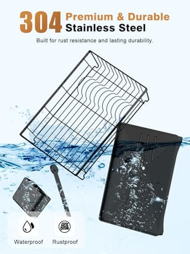 Super Spacious & Compact Kitchen Dish Drying Rack, 360° Rotary Spout, Rustproof Black Organizer