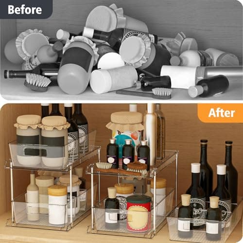 2 Pack Clear 2 Tier Bathroom Organizer with Dividers for Vanity, Kitchen, Closet Storage