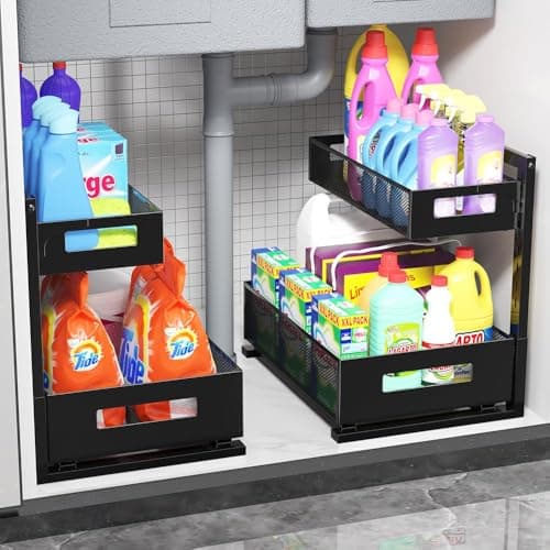 2-Tier Metal Under Sink Organizer, Slide Out Cabinet Storage, Black