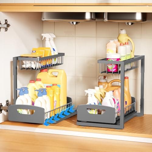 2 Pack Under Sink Metal Cabinet Organizer Shelf with Sliding Drawer, Kitchen & Bathroom Storage