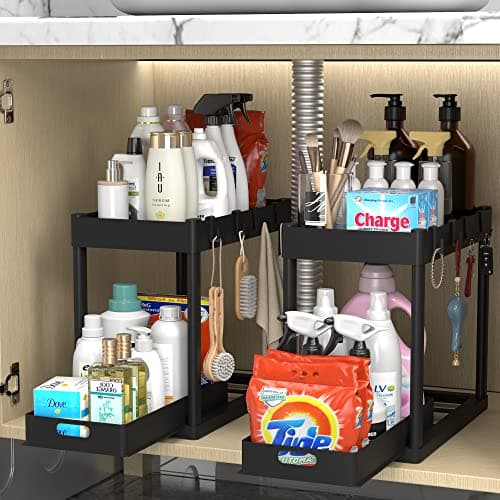Black 2PC Under Sink Organizer Rack with Hooks for Bathroom Kitchen