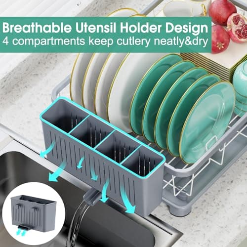 Space-Saving Dish Drying Rack with Drainboard and Removable Utensil Holder - Gray