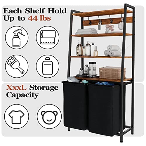 Laundry Hamper with Shelf, Hooks, and Removable Bags: For Laundry Room, Bathroom, Bedroom