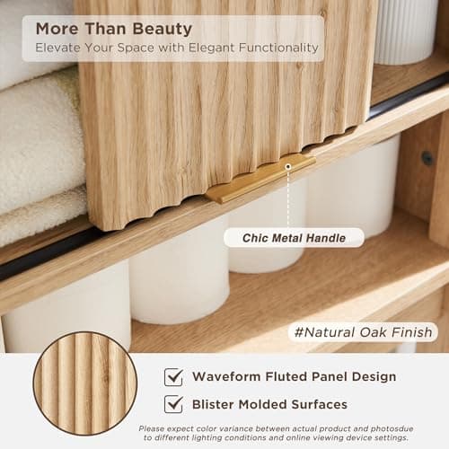 RedLemon Curved Profile Toilet Cabinet, 68" Tall, Faux Marble Top, Adjustable Shelf, Natural Oak