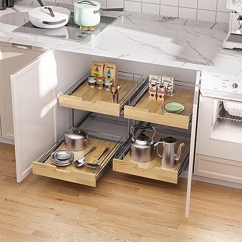 Heavy-Duty Pull-Out Cabinet Organizer for Kitchen and Pantry, 20" x 21" Wood & Wirebasket