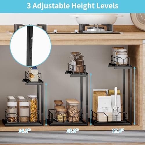 2-Pack Under Sink Organizer: Adjustable Height Kitchen Bathroom Cabinet Storage